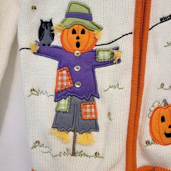 Halloween Pumpkin Sweater Hooded Youth 6/6X Scarecrow House Bat Full Zip Tassels - Picture 3 of 15